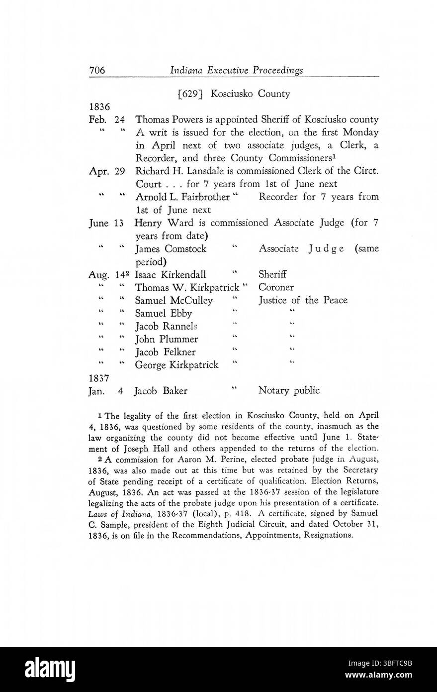 Seite 718 der „Executive Procedures of the State of Indiana“ (1816-1836) enthält Aufzeichnungen über bedeutende Regierungsmaßnahmen in den frühen Jahren Indianas. Der Nachdruck von 1947 gibt einen detaillierten Überblick über die Exekutivfunktionen des Staates in seinen Gründungsjahren. Stockfoto