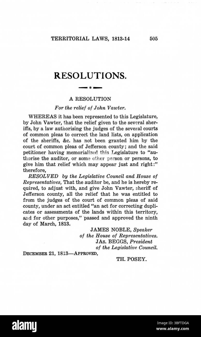 Diese Seite aus den 1809-1816 Gesetzen des Indiana Territoriums enthält Gesetze, die soziale Themen regeln, wie Bildung, Familienrecht und öffentliche Gesundheit, die die sich entwickelnde soziale Landschaft des Territoriums widerspiegeln. Stockfoto
