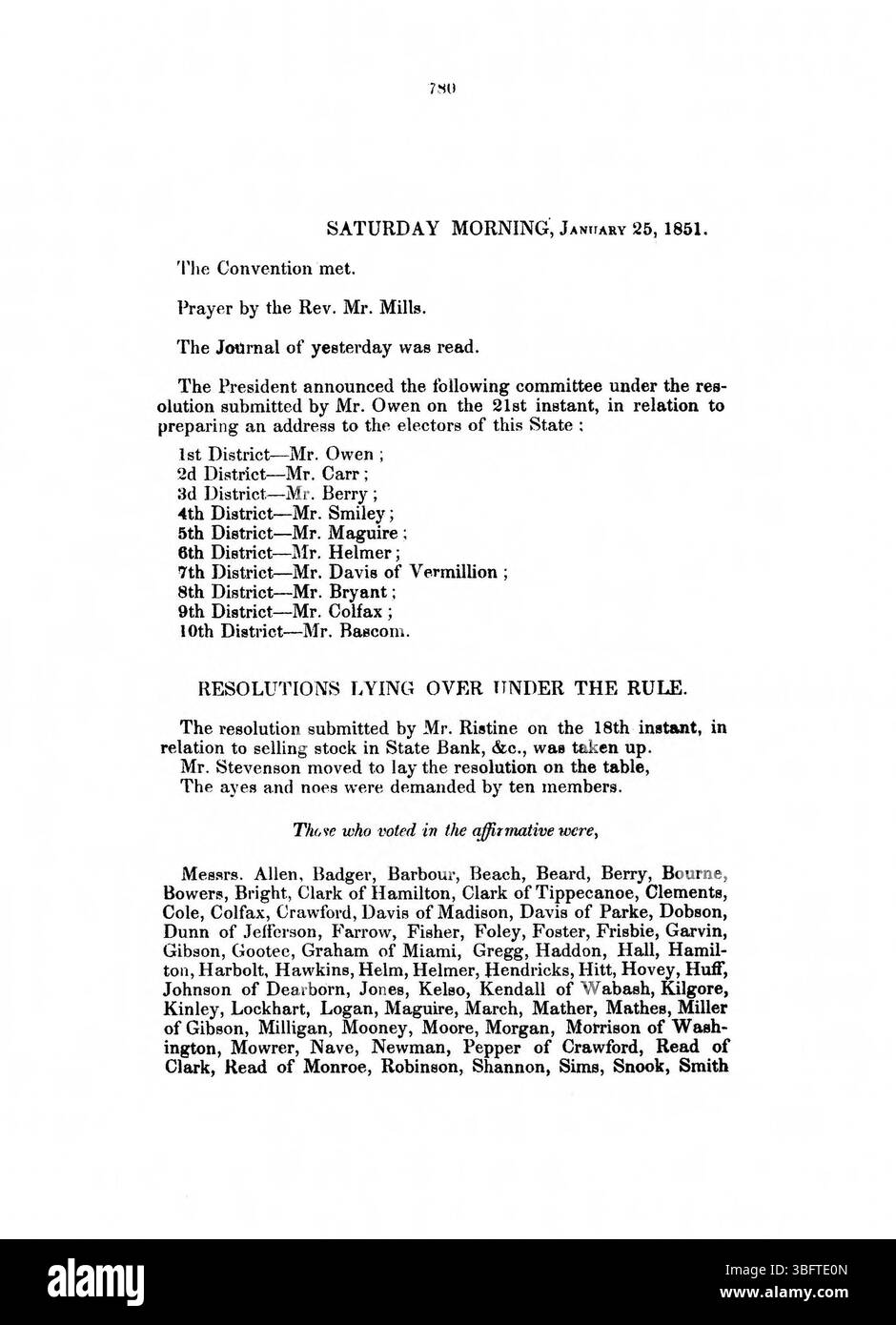 Auf dieser Seite aus dem 1850 Journal werden weitere Änderungen veröffentlicht, die auf der Indiana Constitutional Convention diskutiert und aufgezeichnet wurden. Sie stellt die sich entwickelnden Ideen und Veränderungen im politischen Konsens über den staatlichen Rechtsrahmen dar. Stockfoto