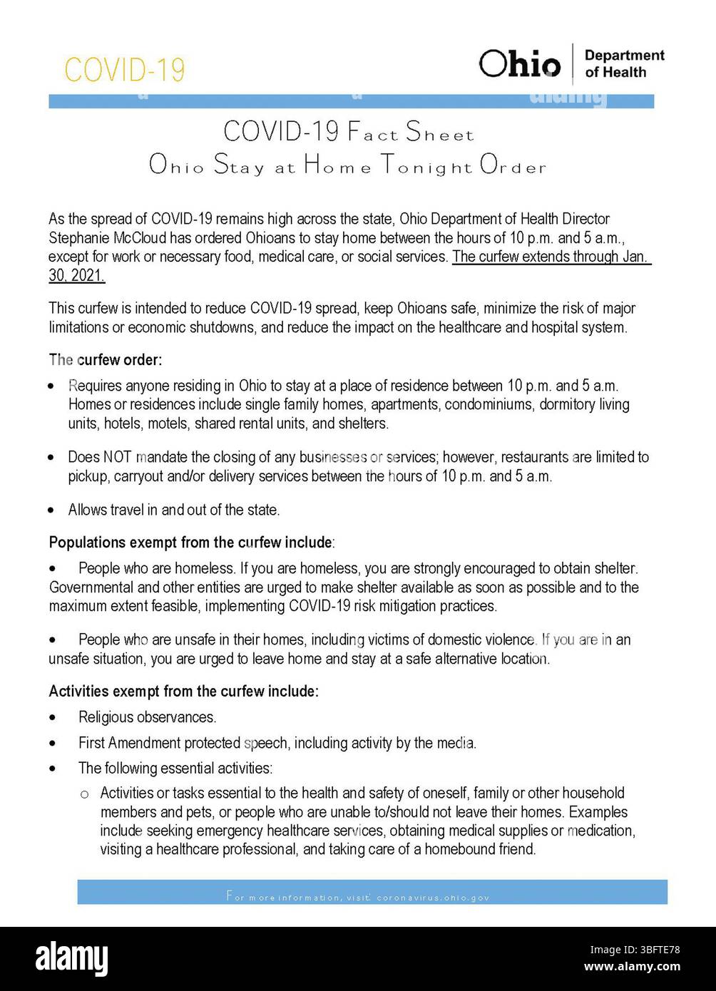 Aktualisiertes Datenblatt zu Ohio's „Stay at Home Tonight“-Verordnung, überarbeitet am 25. Januar 2021, mit weiteren Erläuterungen zu Einschränkungen und Sicherheitsmaßnahmen während der COVID-19-Pandemie. Stockfoto