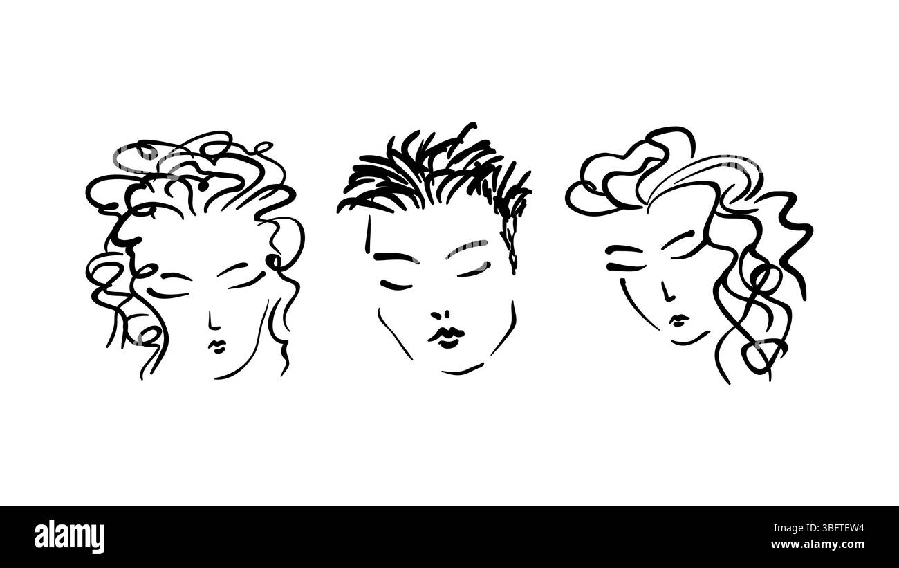 Drei Abstrakte Gesichter Geschlossene Augen Asiatische Dame, Ausdrucksstarke Frisur Friedliche Ruhige Stimmung. Mode Beauty Porträt für Salon Branding Minimal Freihand Stock Vektor