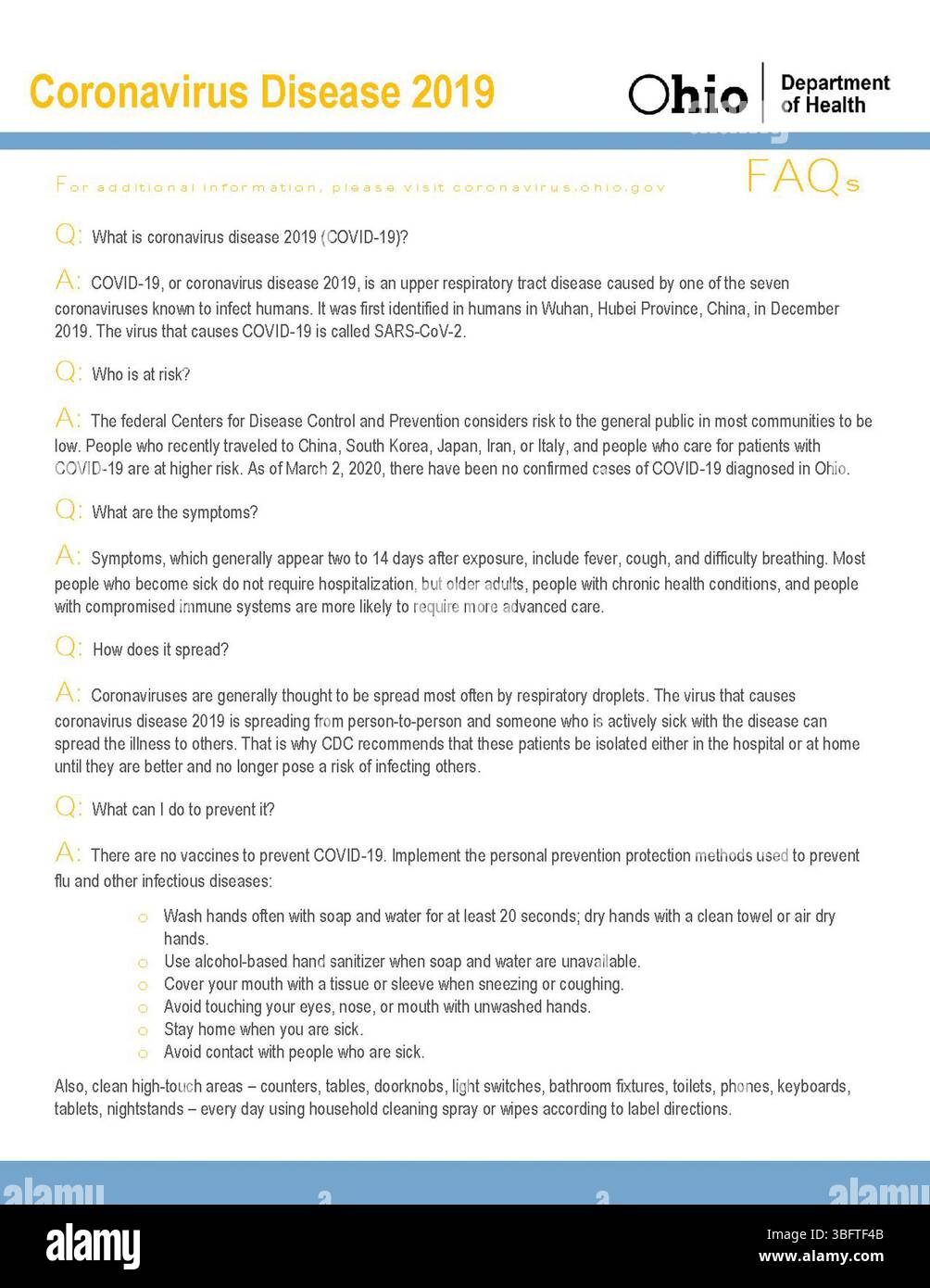 In diesem am 2. März 2020 erstellten FAQ-Dokument werden Antworten auf häufige Fragen zu COVID-19 auf der Grundlage von Informationen des CDC zusammengestellt, um die Öffentlichkeit beim Verständnis der Pandemie zu unterstützen. Stockfoto