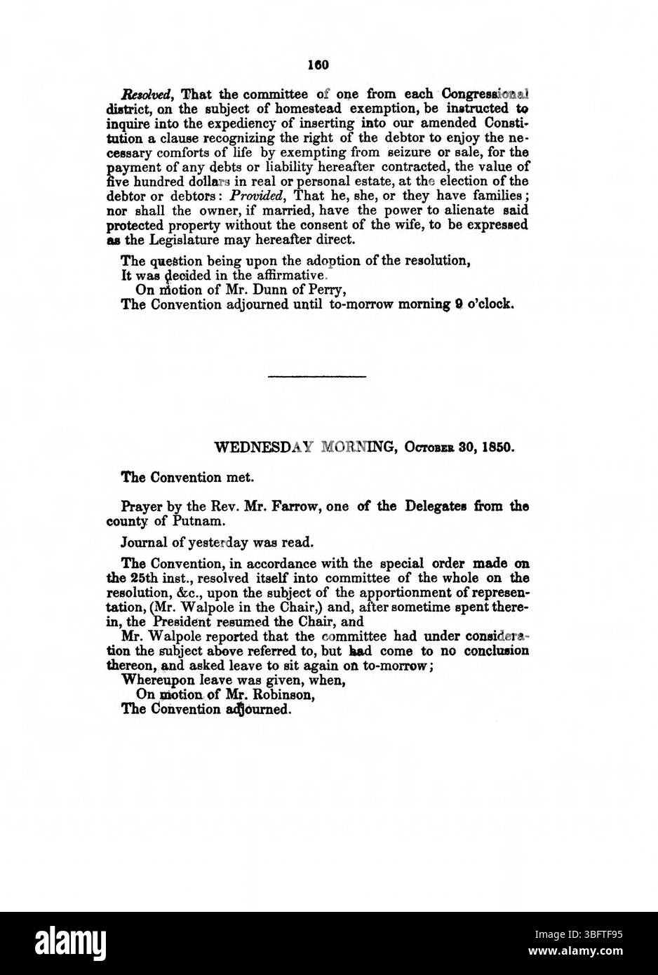Dieser Eintrag im 1850 Journal of the Convention of the People of the State of Indiana enthält detaillierte Berichte über Verfassungsänderungen und die Debatten um sie herum. Er hebt die Interaktion zwischen den Delegierten und das politische Umfeld der damaligen Zeit hervor. Stockfoto