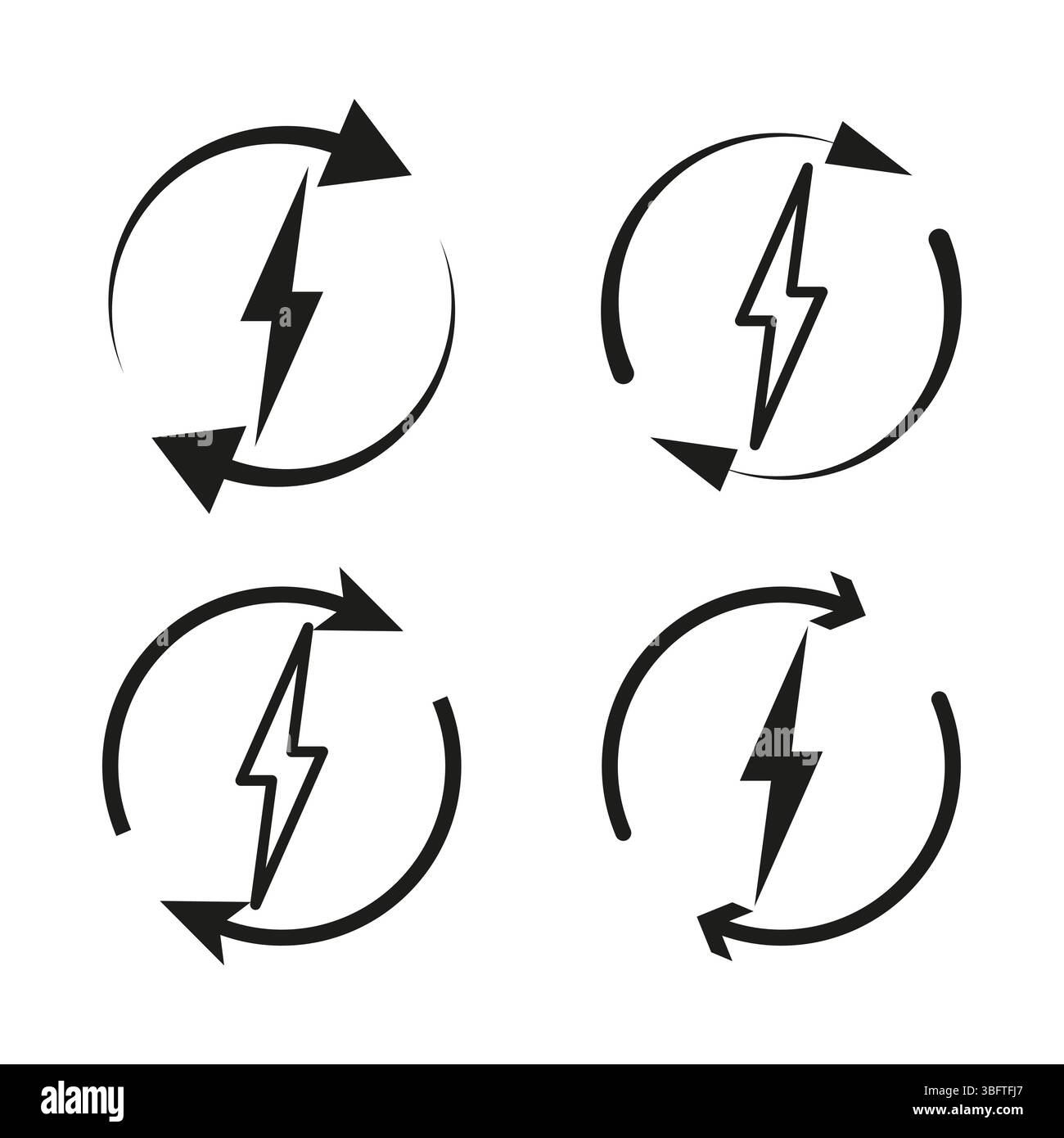 Pfeildrehungssymbole. Elektrisches Blitzsymbol. Bewegungsvektorform. Kreisförmige Power-Form. Stock Vektor