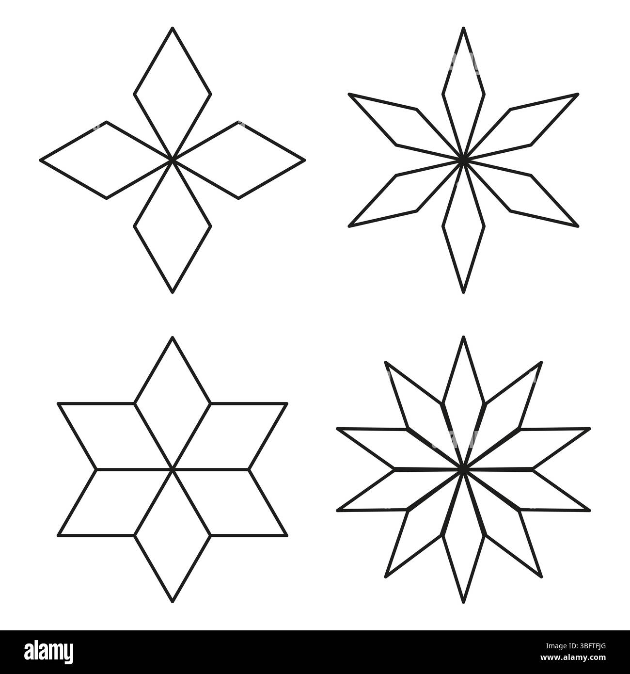 Geometrische Blumensterne. Abstrakte Symbole umreißen. Vektorsymmetrie festgelegt. Dekorative Formgruppe. Stock Vektor