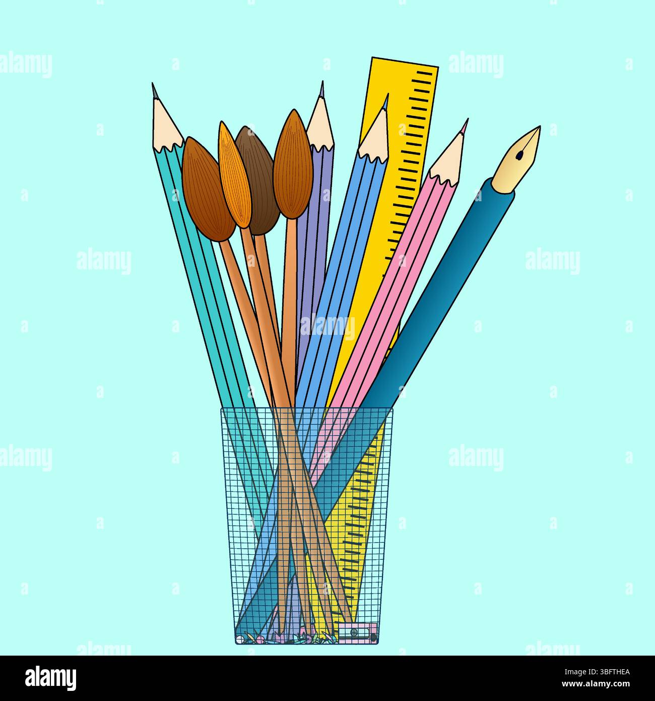 Vektor-Illustration eines Bleistifthalters gefüllt mit bunten Bleistiften, Pinseln, einem Lineal und einem Füllfederhalter auf einem hellblauen Hintergrund. Für zurück zu Stock Vektor
