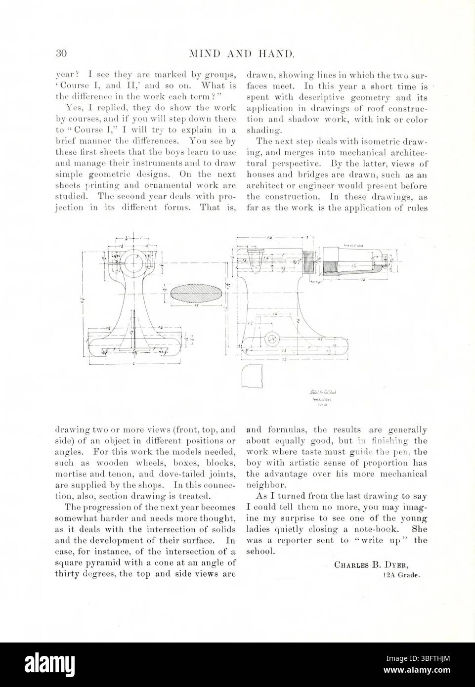 Diese Seite aus der Mai-Ausgabe 1898 von *Mind and Hand*, Band 4, Nummer 1, befasst sich näher mit den Themen der intellektuellen und manuellen Erziehung und diskutiert deren Relevanz in den modernen pädagogischen Umgebungen der Zeit. Stockfoto
