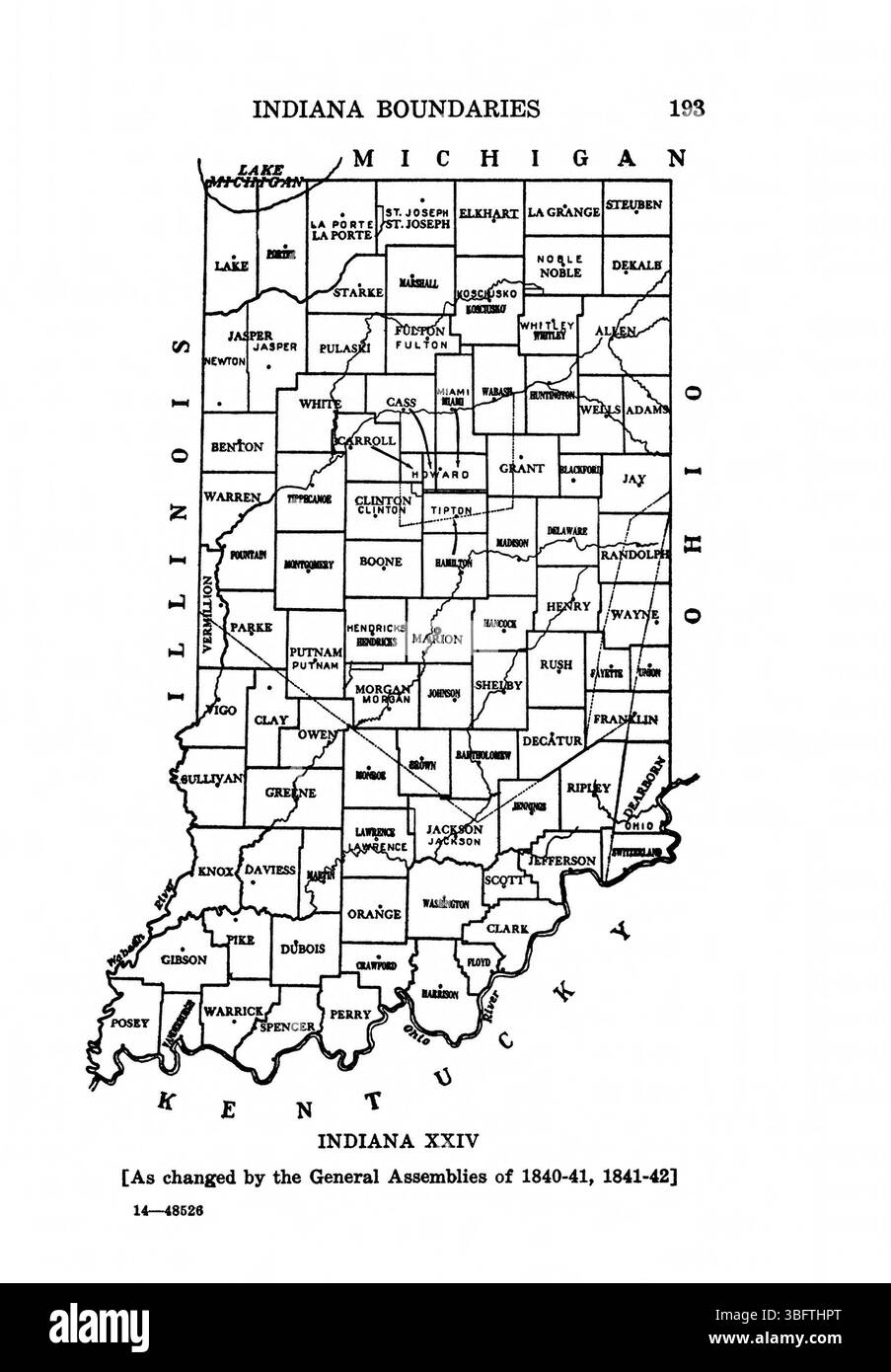 Seite 209 der Ausgabe von *Indiana Boundaries* aus dem Jahr 1967 enthält eine detaillierte Analyse der Staatsgrenzen, bibliographische Referenzen und einen Index, um Forschern zu helfen. Stockfoto