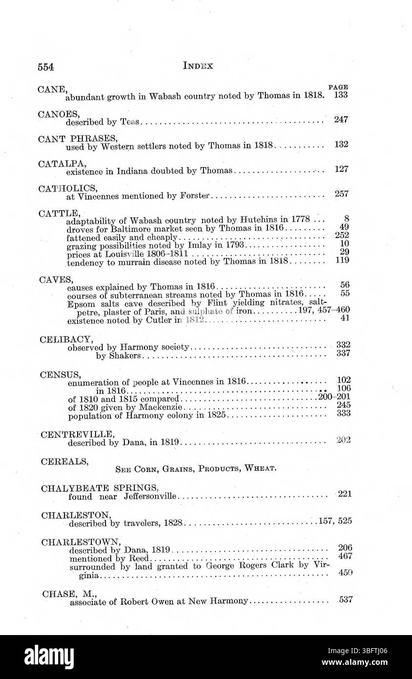 Diese Arbeit sammelt verschiedene Berichte von Reisenden, darunter George Imlays und C.F. Volneys Beschreibungen der Landschaft und des Klimas von Indiana. Diese Schriften spiegeln die frühe amerikanische Erkundung des westlichen Territoriums wider und vermitteln ein Verständnis der frühen ökologischen und kulturellen Bedingungen, denen Siedler und Entdecker gegenüberstanden. Stockfoto