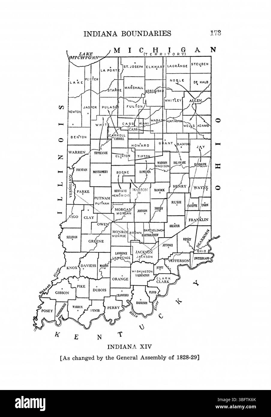 Seite 189 von „Indiana Boundaries“ (1967) befasst sich mit den sozio-politischen Faktoren, die Indianas Grenzveränderungen beeinflussen, einschließlich der Auswirkungen von Rechtsvorschriften und regionalen Interessen. Der Nachdruck des Indiana Historical Bureau enthält bibliographische Referenzen und einen Index. Stockfoto