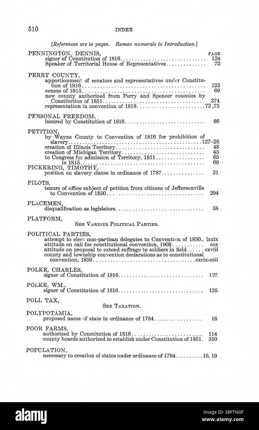 Diese Seite aus Band 1 von *Constitution Making in Indiana* (1971) bietet Einblicke in den historischen Prozess der Ausarbeitung der Verfassung Indianas und detailliert die wichtigsten Diskussionen, Entscheidungen und Figuren, die an der Gestaltung des grundlegenden Rechtsdokuments des Staates beteiligt waren. Stockfoto