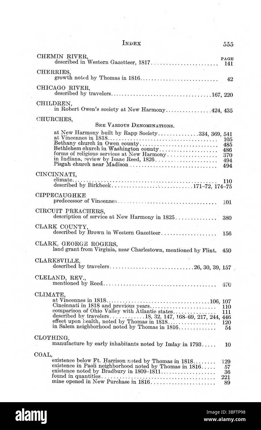 Diese Seite des Werkes von 1916 enthält weitere Beschreibungen der natürlichen Umgebung und kulturellen Bedingungen Indianas, darunter Schriften von John Bradbury und Samuel Brown. Diese Berichte geben erste Perspektiven auf die Geographie, das Klima und die Gesellschaft in Indiana und helfen, die frühe Entwicklung des Bundesstaates in einen Kontext zu bringen. Stockfoto