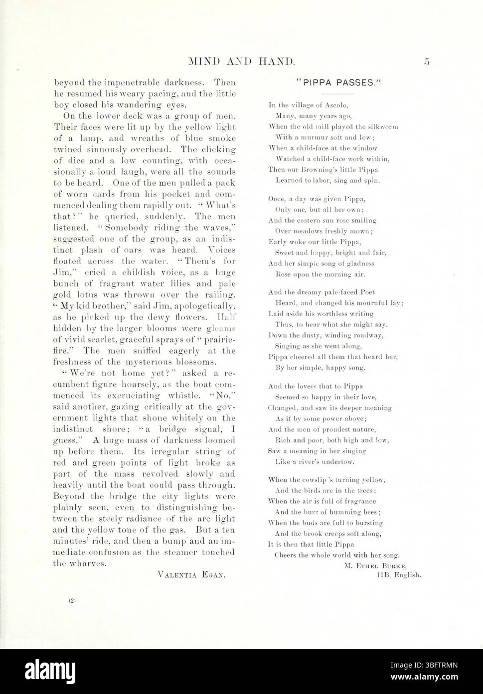 Seite 11 von *Mind and Hand*, Band 4, Nummer 1, Mai 1898, untersucht die Verbindung zwischen Geist und Hand bei der Entwicklung von Fertigkeiten. Die Publikation bietet pädagogische Perspektiven zur Förderung intellektueller und praktischer Fähigkeiten. Stockfoto