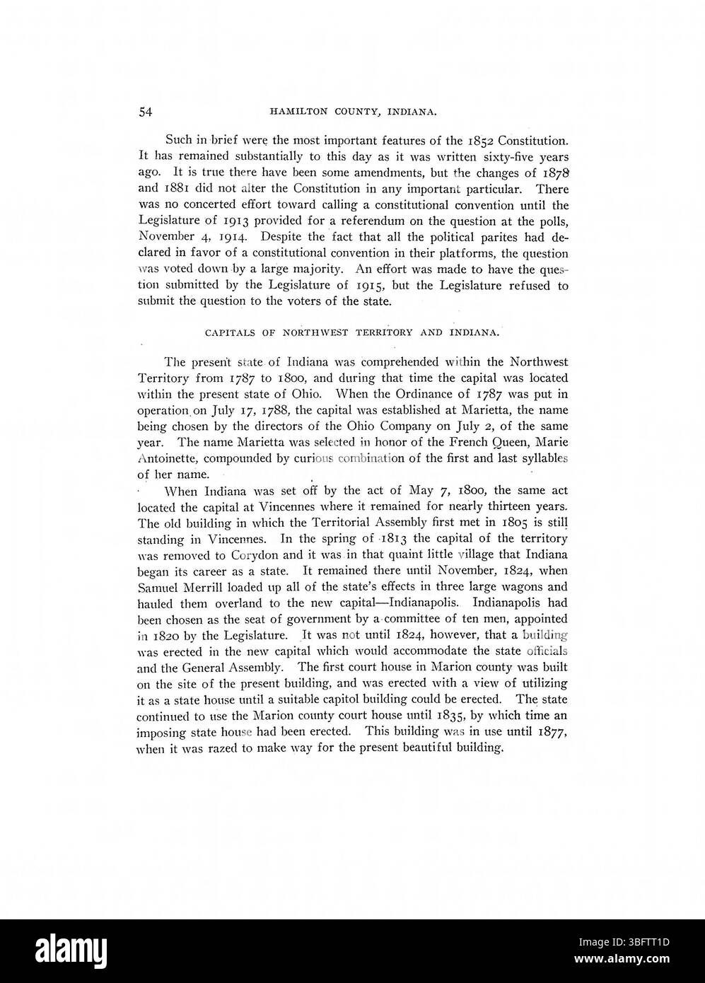 Diese Seite der Geschichte des Hamilton County 1915 enthält illustrierte Inhalte zur regionalen Entwicklung und Profile der Einwohner des Countys. Stockfoto