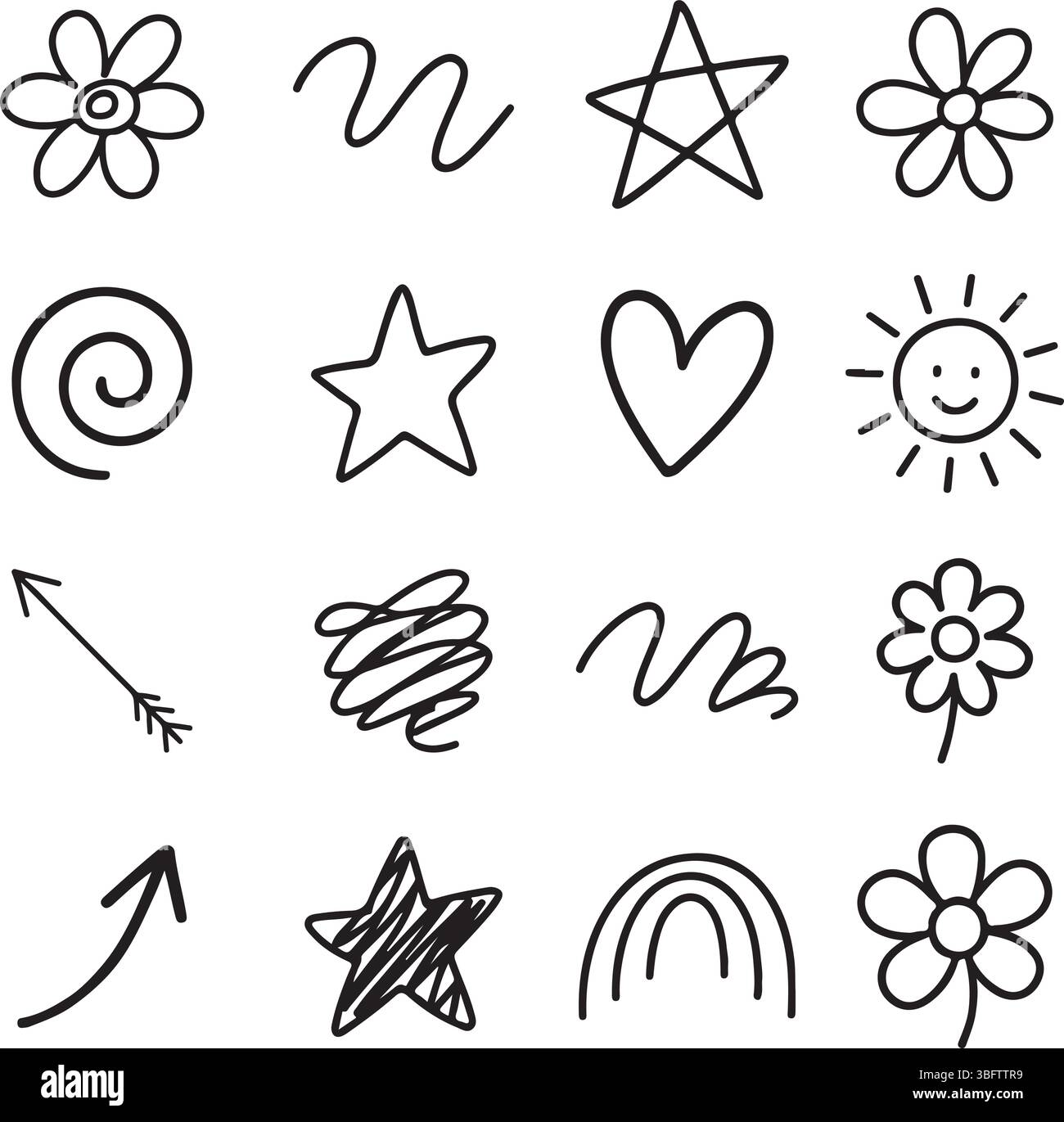 Handgezeichnete Doodle-Symbole – Niedliche Blumen, Sterne, Herzen Und Pfeile Im Sketch-Stil Stock Vektor