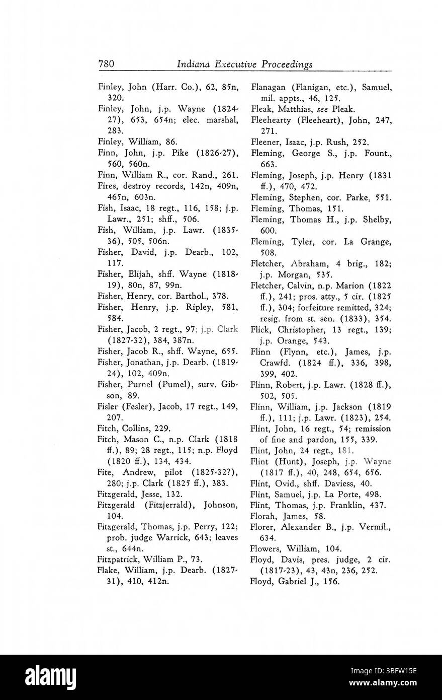 Diese Seite aus dem 1947 veröffentlichten Executive Procedures of the State of Indiana 1816-1836 enthält Anweisungen zur Gouverneur, Ernennungen und wichtige politische Entscheidungen, die vom Exekutivbüro des Staates getroffen wurden. Stockfoto