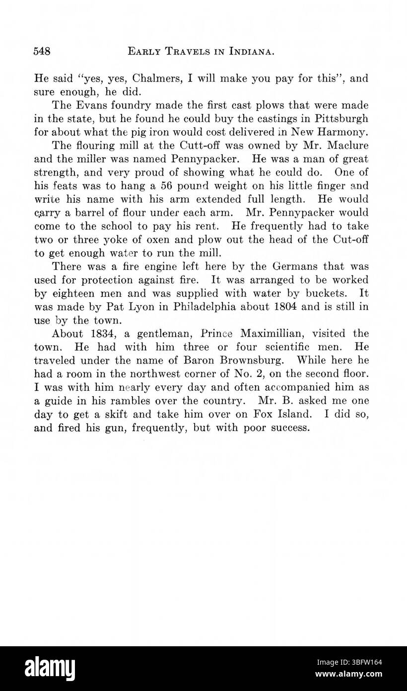 Indiana as Seen by Early Travelers (1916) sammelt Beobachtungen und Beschreibungen verschiedener Entdecker des 18. Und 19. Jahrhunderts. Das Werk enthält Schriften von Thomas Hutchins, George Imlay, C.F. Volney und anderen, die die Geographie, Klima und gesellschaftliche Bedingungen der Region. Dieser Band enthält Berichte von bedeutenden Reisenden wie John Bradbury, David Thomas und Samuel Brown, die Einblicke in die Geschichte Indianas und frühe Entdeckungen geben. Stockfoto