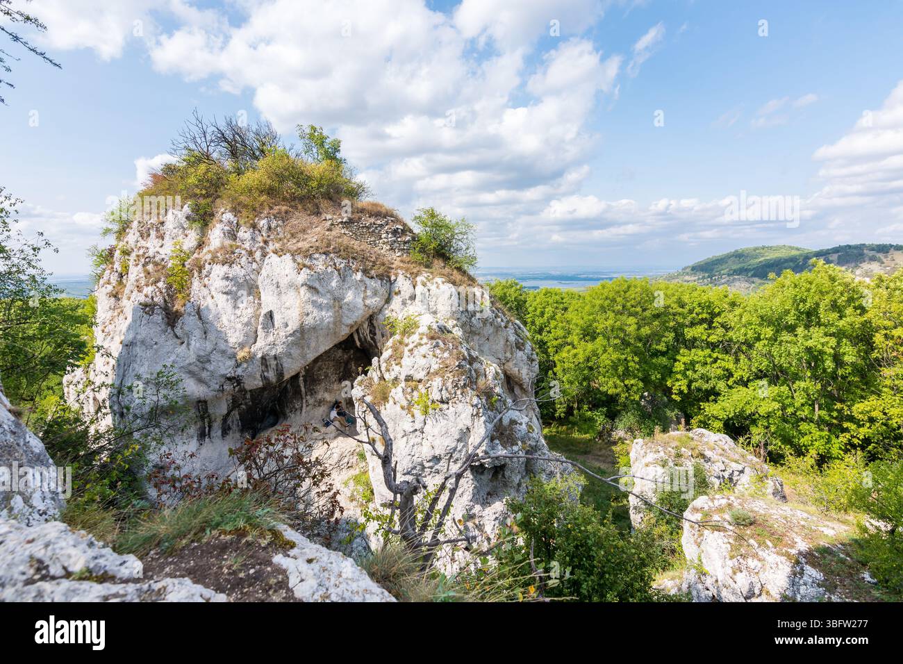 Großer weißer Felsen auf dem Hügel, Palava Tschechien, Waldhügel und der blaue Himmel Stockfoto