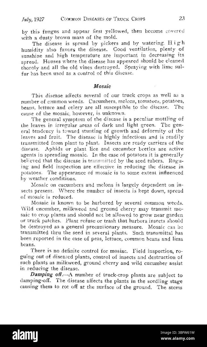 Die 1927 erschienene Publikation behandelt häufige Krankheiten, die LKW-Kulturen in Colorado betreffen, und enthält detaillierte Beschreibungen von Symptomen, Ursachen und Kontrollmethoden. Das Dokument soll Landwirten dabei helfen, die Gesundheit der Pflanzen wirksam zu steuern. Stockfoto