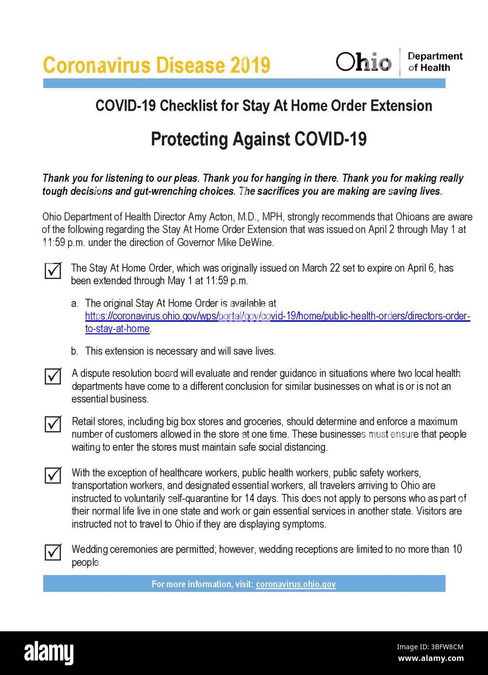 Diese Checkliste, die am 2. April 2020 erstellt wurde, enthält Leitlinien zur Einhaltung der verlängerten Bestellung des Aufenthalts zu Hause während der COVID-19-Pandemie. Sie bietet Maßnahmen für Einzelpersonen zur Verringerung der Exposition und zum Schutz vor COVID-19. Stockfoto