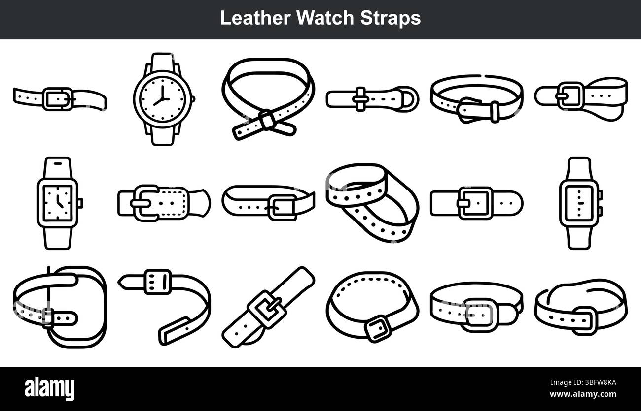 Lederuhrarmbänder Kollektion mit verschiedenen Designs Stock Vektor