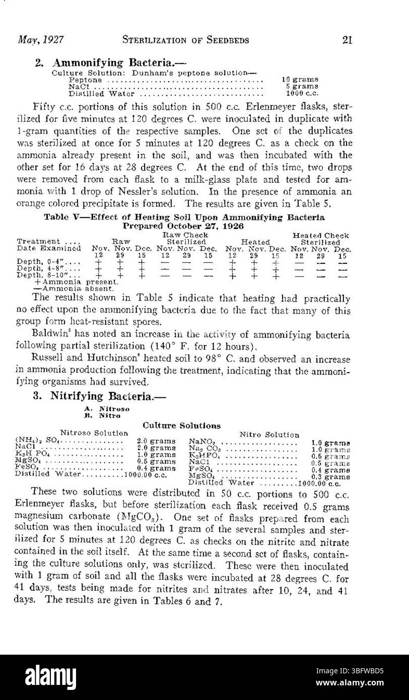 Dieses Dokument aus dem Jahr 1927 enthält Richtlinien für die Sterilisation von Böden in Saatbeeten und Gewächshäusern zur Bekämpfung von Schädlingen und Krankheiten, um ein gesundes Pflanzenwachstum zu gewährleisten. Sie enthält bibliographische Referenzen für weitere Studien und Forschungen. Stockfoto
