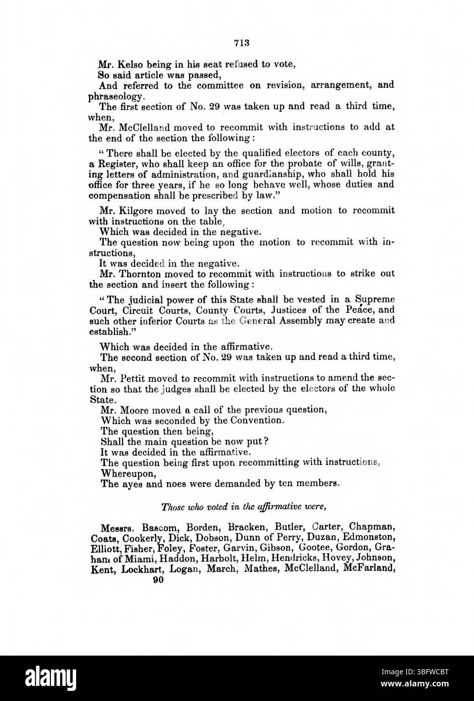 Seite 714 aus dem Journal von 1850 der Indiana Constitutional Convention zeigt die endgültigen Resolutionen und Ergebnisse des Änderungsverfahrens auf und festigt die Änderungen der Verfassung des Staates. Stockfoto