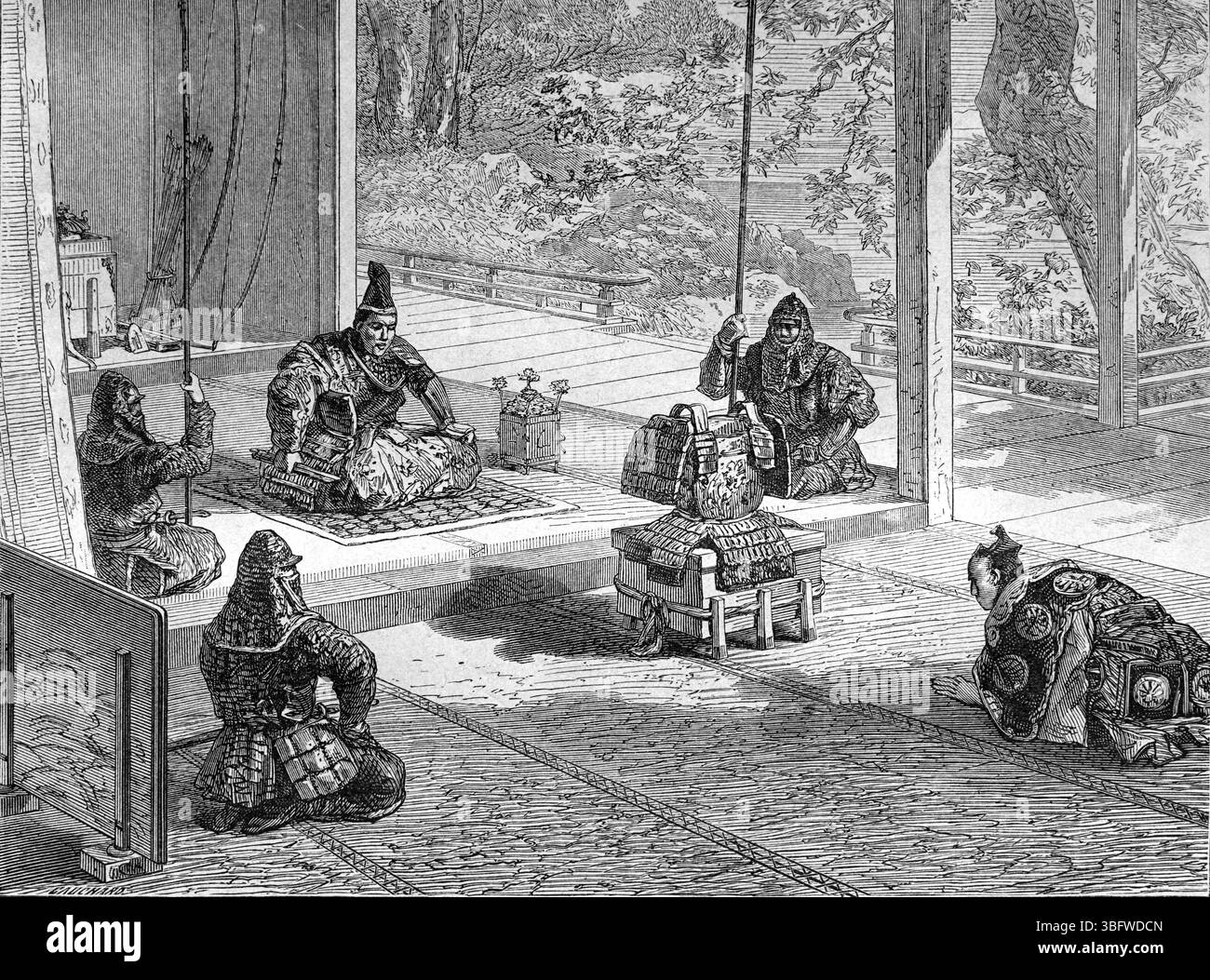 Einsetzung des Shogun-Kommandeurs oder des japanischen Armeekommandeurs durch den Mikado oder Kaiser von Japan Kyoto, heute Tokio, Japan. Vintage oder historische Gravur oder Illustration 1866 Stockfoto