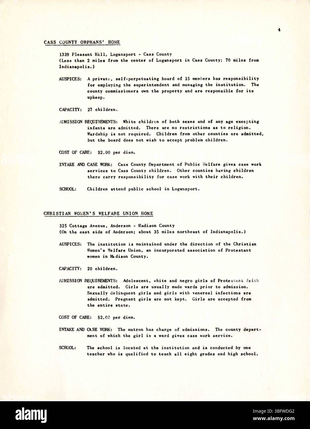 Seite 5 des Verzeichnisses von 1949, in dem Kinderbetreuungseinrichtungen in Indiana aufgeführt sind, die von der Children’s Division, Indiana Department of Public Welfare, erstellt wurden. Es bietet eine umfassende Liste von Einrichtungen, die Dienstleistungen für Kinder anbieten. Stockfoto