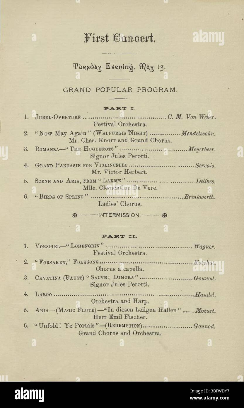 Seite 7 des *Second Annual May Music Festival*, einer musikalischen Feier vom 13. Bis 16. Mai 1890 in der Tomlinson Hall in Indianapolis, mit Aufführungen während des gesamten Festivals. Stockfoto