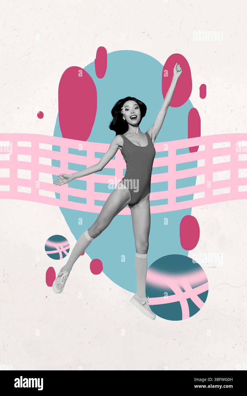 Art Pop Collage der Person Jump Stand vorne sportliches Netz mit Ball auf rosa Hintergrund Stockfoto