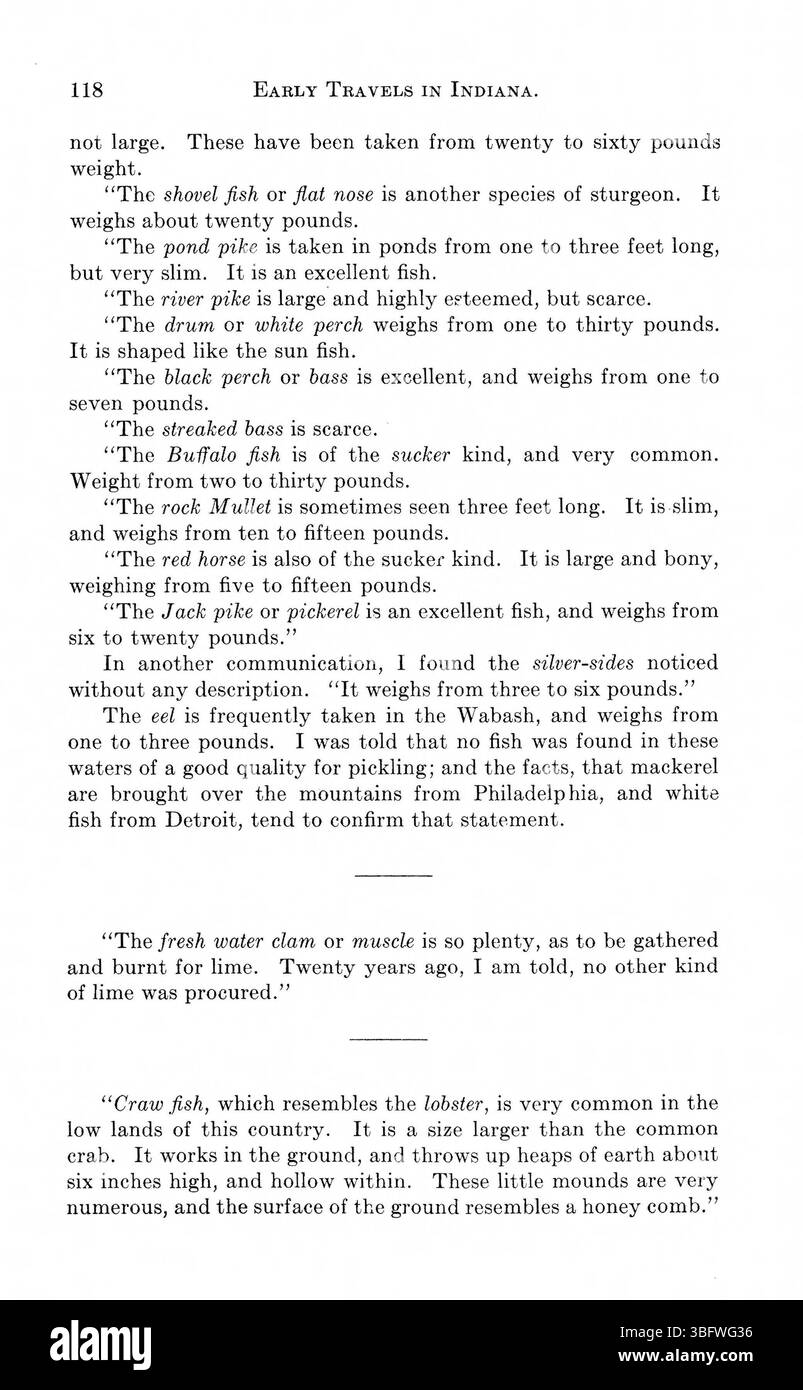 Eine historische Anthologie von Reiseberichten aus dem Jahr 1778-1817, die die Geographie, Ressourcen, Siedlungen und Gemeinden der Region Indiana anhand von Primärberichten dokumentieren. Stockfoto