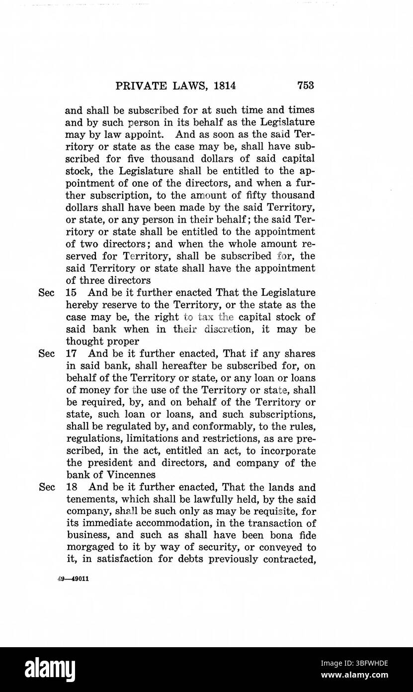 Seite 767 der Gesetze des Indiana Territoriums, 1809-1816, enthält weitere gesetzliche Statuten, die weitere Dokumentation der Gesetze enthalten, die Indiana während seiner territorialen Jahre geprägt haben. Nachdruck 1934. Stockfoto