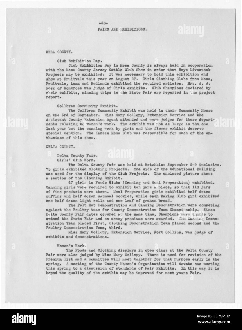 Dieser Bericht von Bertha Boger aus dem Jahr 1927 befasst sich mit der Rolle des Colorado Extension Service in Delta, Mesa und Montrose Countys und konzentriert sich dabei auf landwirtschaftliche Bildung, Verbesserung der Ernte und kommunale Programme. Stockfoto