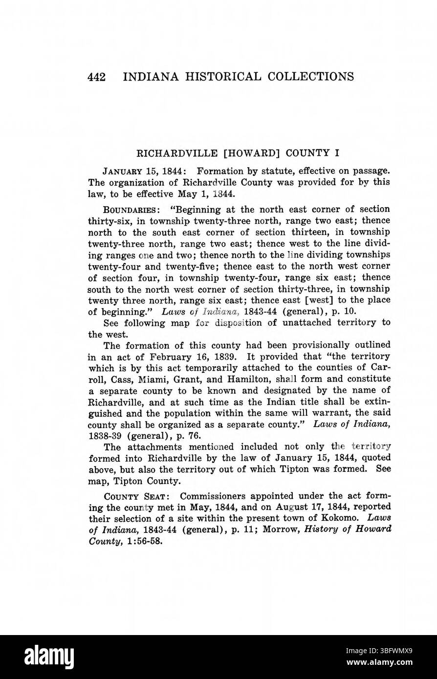 Seite 458 von „Indiana Boundaries“ (1967) befasst sich weiter mit dem rechtlichen und historischen Prozess der territorialen Grenzen Indianas. Der Band wurde vom Indiana Historical Bureau neu gedruckt und enthält bibliographische Referenzen und einen Index. Stockfoto