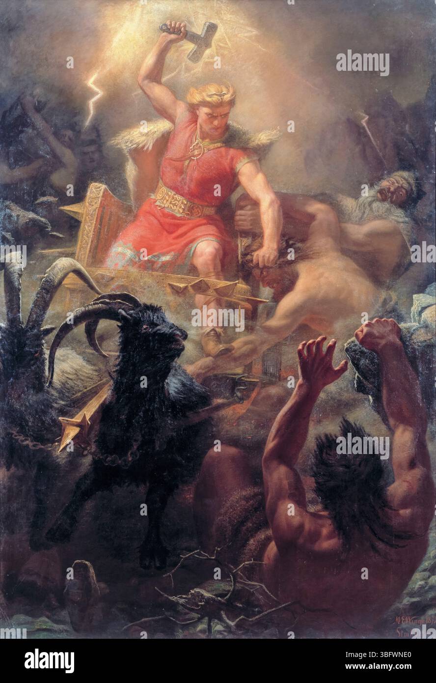 Thor. Thors Kampf mit den Riesen, Gemälde in Öl auf Leinwand von Mårten Eskil Winge, 1872 Stockfoto