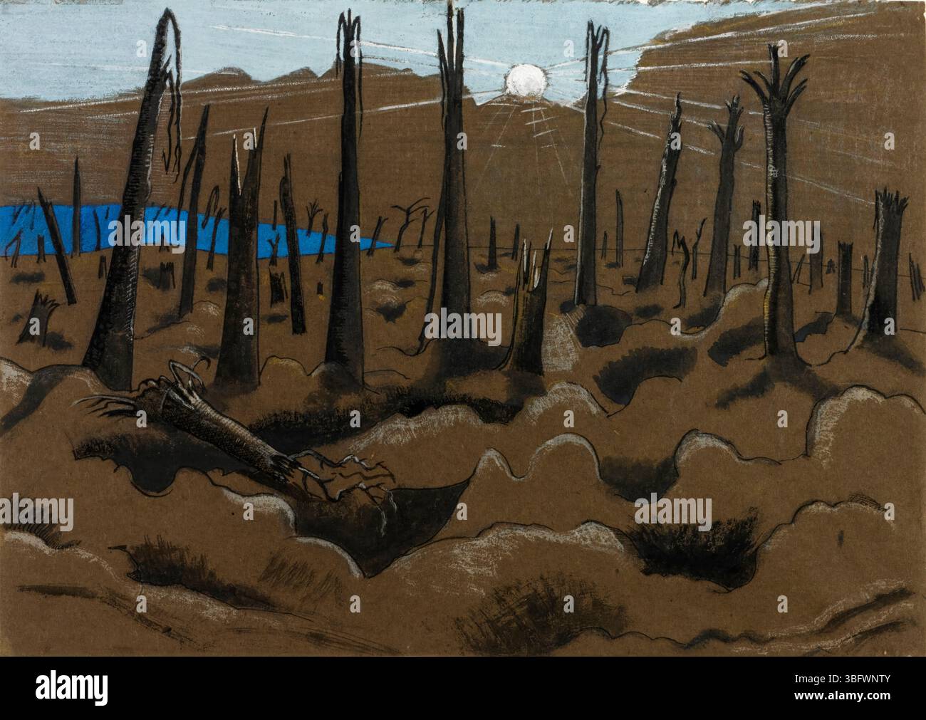 Paul Nash, Sunrise, Inverness Copse (Schlacht von Paschendaele), Zeichnung in Stift und Tinte mit Kreide und Aquarell, 1918 Stockfoto