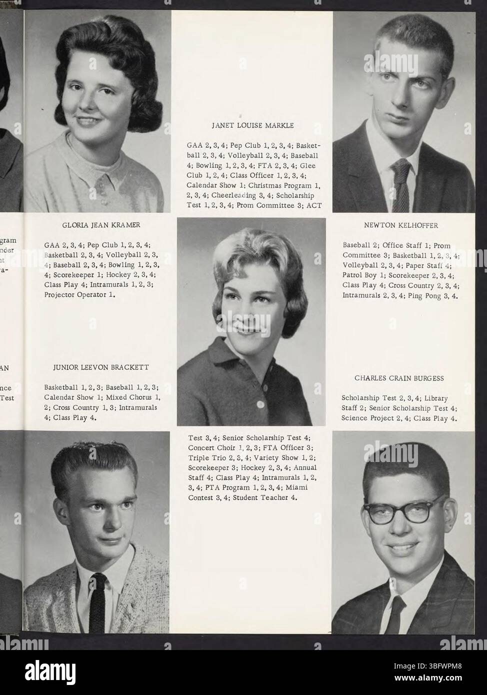 Seite 27 des Jahrbuchs der Trenton High School 1962, in dem wichtige Momente des Schuljahres dokumentiert werden, einschließlich akademischer Leistungen und Sportveranstaltungen. Stockfoto