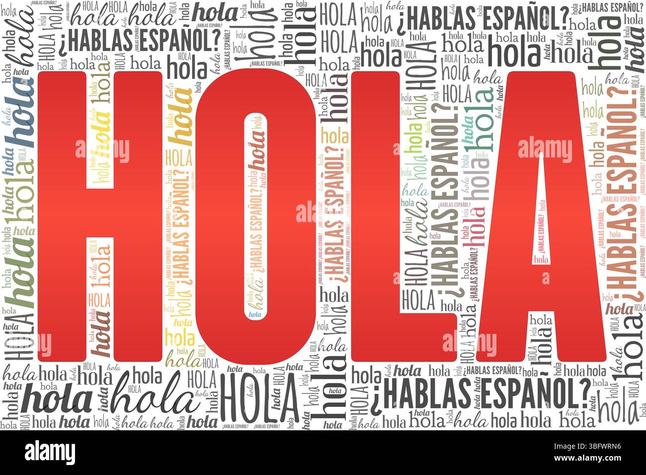 Hola Hablas Espanol Wortwolke konzeptuelles Design isoliert auf weißem Hintergrund. Stock Vektor