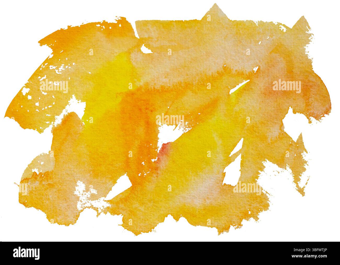 Gelb-orange Aquarellfarbe Hintergrund. Künstlerische Handmalpinselstriche isoliert auf weißem Hintergrund Stockfoto