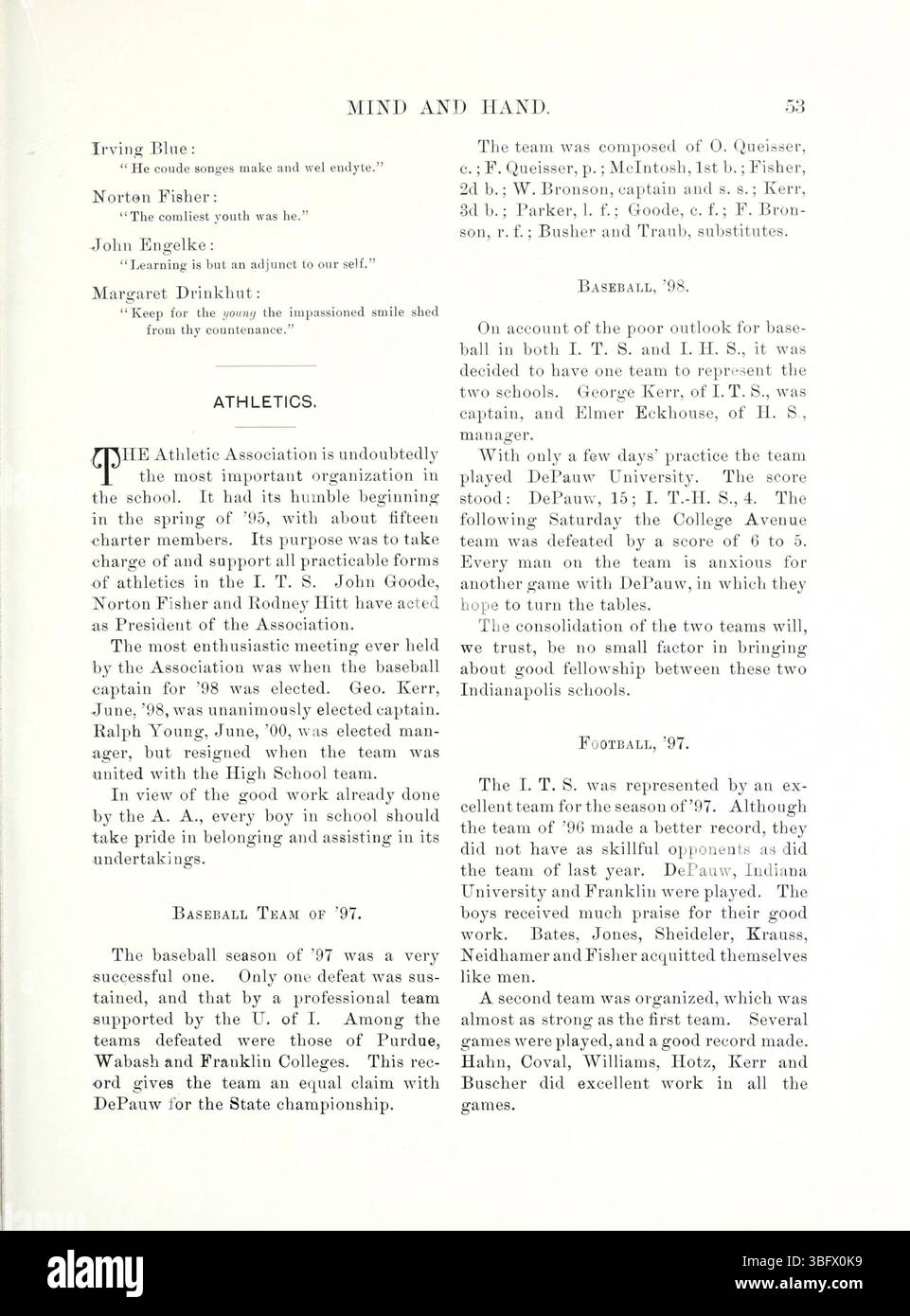 Seite 59 der Mai-1898 Ausgabe von „Mind and Hand“, Band 4, Nummer 1, bietet ausführliche Artikel und Einblicke zu psychologischen und philosophischen Themen, die für den akademischen Diskurs der Epoche relevant sind. Stockfoto