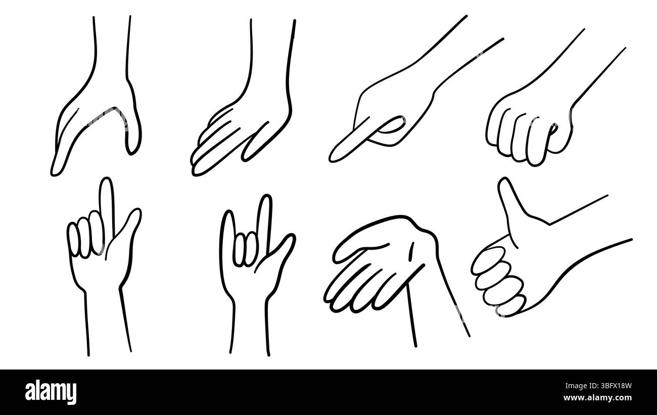 Handgesten-Linien-Symbolsatz enthielt Symbole wie Fingerinteraktion, kleine Schwöre, Zeigefingerpunkt, Begrüßung, Quetschen und mehr. Vektorkontur Illustratio Stock Vektor