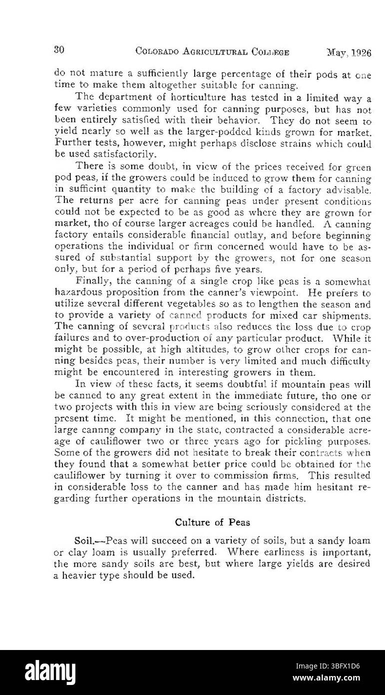 Diese Publikation aus dem Jahr 1926 untersucht die praktischen Aspekte des Anbaus von Salat, Blumenkohl und Erbsen in großen Höhen und bietet Einblicke in die Klima- und Umweltbedingungen, die die Entwicklung der Kulturen beeinflussen. Stockfoto
