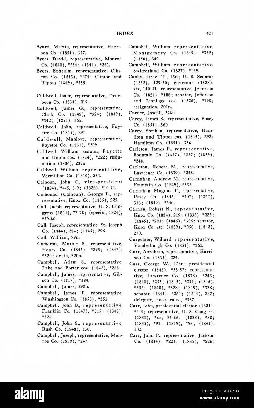 Seite 447 der *1816-1851 Wahlurkunden in Indiana* zeigt weitere Wahlergebnisse und vermittelt ein Verständnis der politischen Veränderungen Indianas, einschließlich der wichtigsten Veränderungen in der Wählerbindung und den Wahlergebnissen. Stockfoto