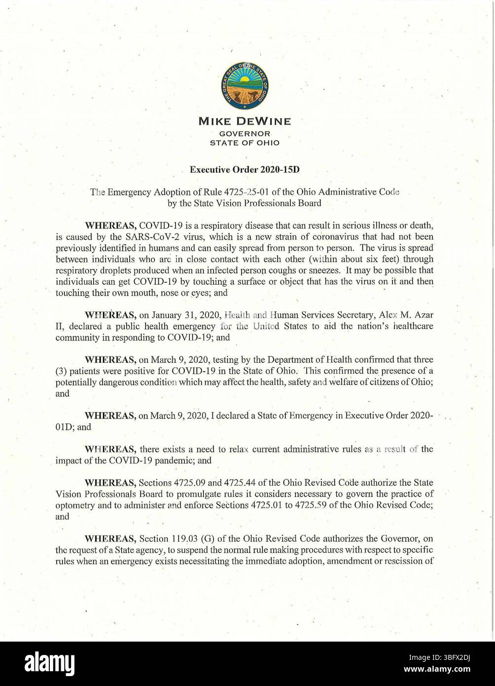 Am 20. April 2020 verabschiedete das State Vision Professionals Board die Notfallvorschrift 4725-25-01 des Ohio Administrative Code, die darauf abzielte, auf die COVID-19-Pandemie zu reagieren und die Aufrechterhaltung des Betriebs von Vision Professionals in Ohio sicherzustellen. Stockfoto