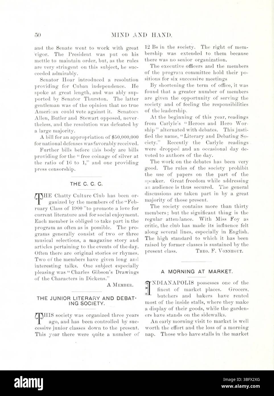 Seite 56 der Mai-Ausgabe 1898 von „Mind and Hand“, Band 4, Nummer 1, führt die intellektuelle Auseinandersetzung mit verschiedenen Themen fort und bietet Einblicke in die akademischen und sozialen Belange der Ära. Stockfoto