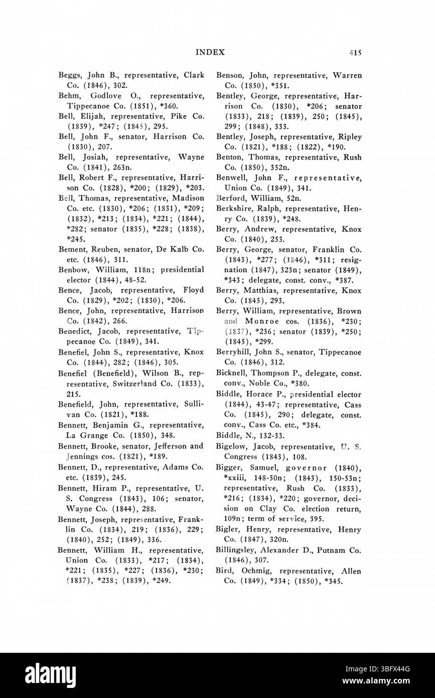 Seite 441 der Wahlwiedergaben 1816-1851 in Indiana zeigt weitere Details der politischen Landschaft Indianas anhand von Wahldaten. Die Seite dokumentiert weiterhin die Wahlveränderungen und politischen Entwicklungen der damaligen Zeit. Stockfoto