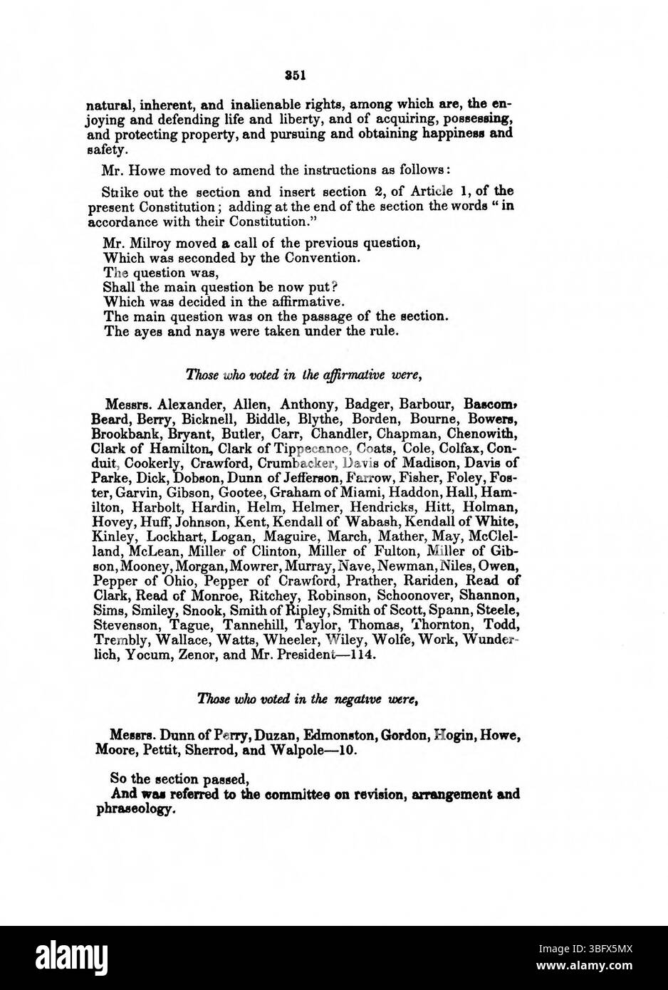 Auf Seite 352 des Journal 1850 werden die Herausforderungen aufgezeigt, denen sich die Delegierten während des Verfassungskonvents von Indiana gegenübersehen, wobei der Schwerpunkt auf der Verhandlung und Ratifizierung der vorgeschlagenen Änderungen liegt. Stockfoto