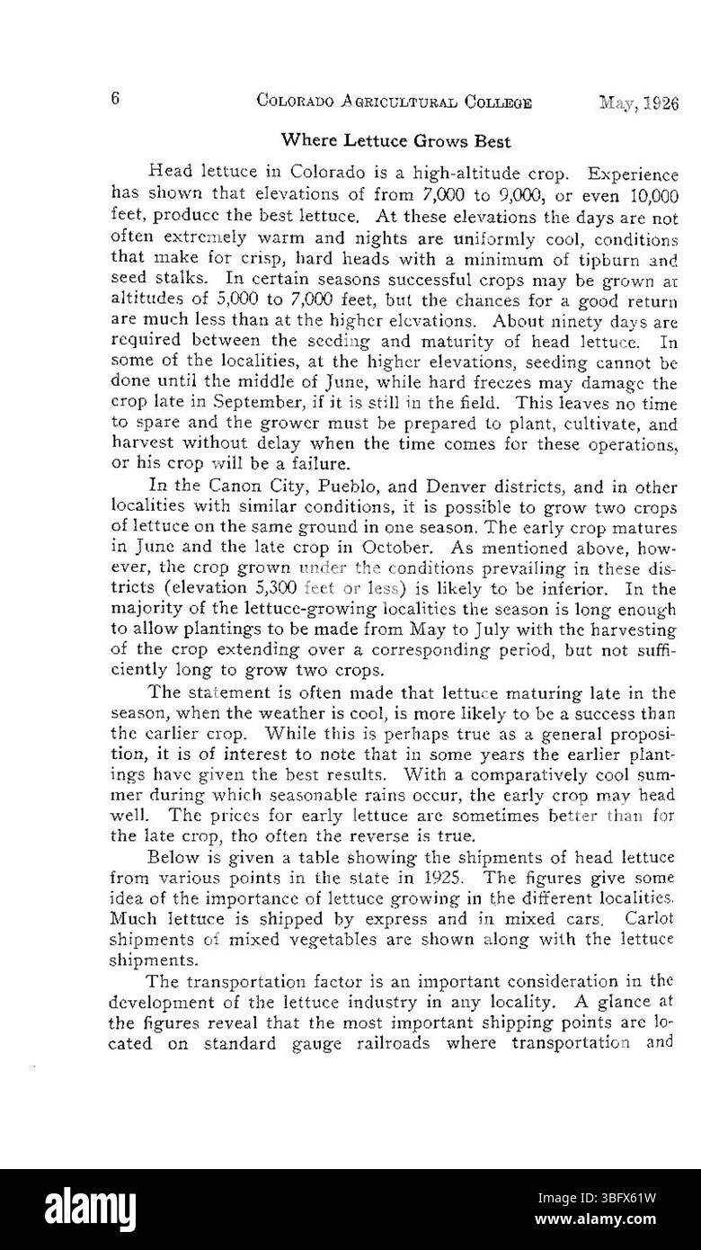 Diese Publikation behandelt Methoden und Umweltfaktoren, die beim Anbau von Salat, Blumenkohl und Erbsen in großen Höhen im Mai 1926 mit zu tun haben. Stockfoto