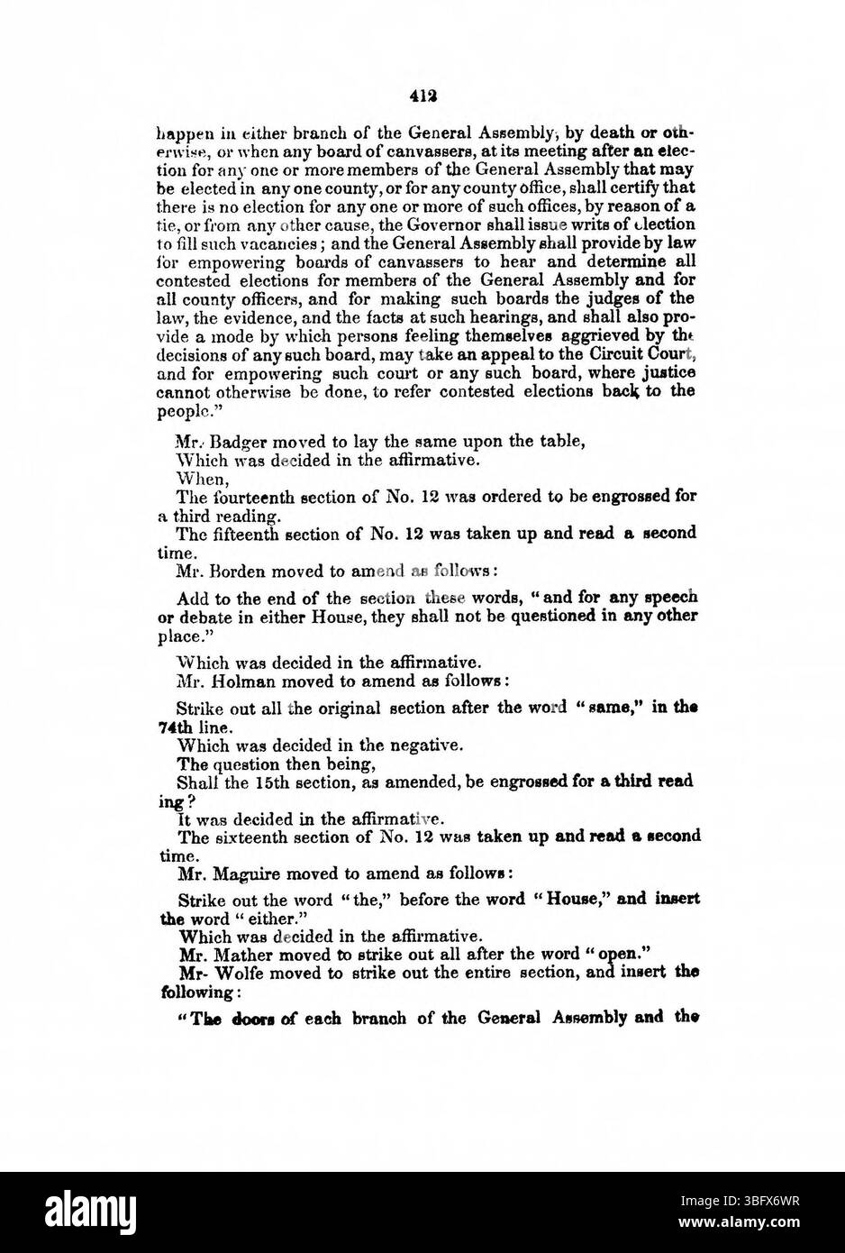Diese Seite aus dem 1850 Journal enthält weitere Aufzeichnungen über die Bemühungen des Indiana Constitutional Convention, die Verfassung des Bundesstaates zu ändern. Er enthält detaillierte Notizen über Beratungen, Debatten und Beschlüsse, die die rechtliche und politische Dynamik der damaligen Zeit widerspiegeln. Stockfoto